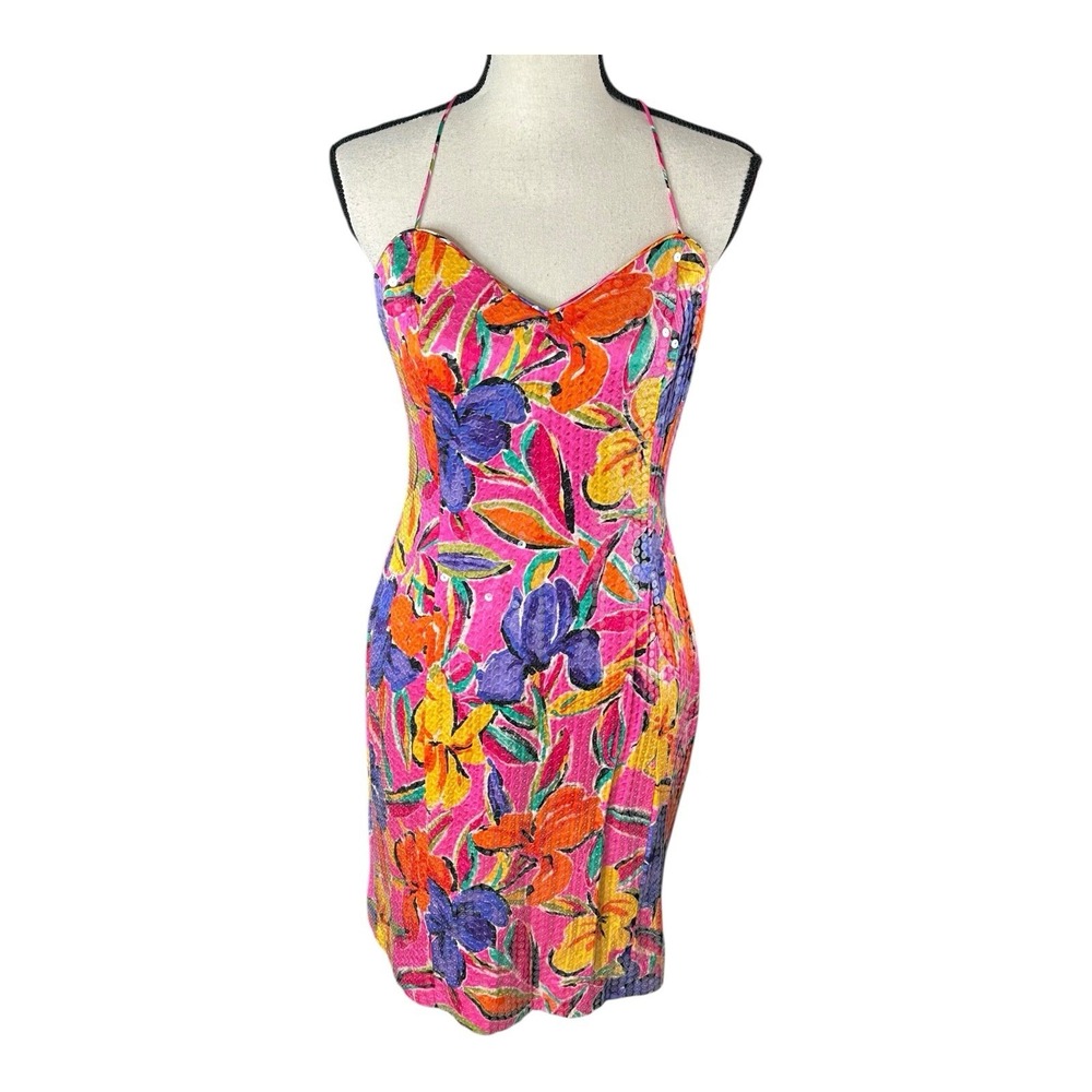 A.J. Bari Vintage Multicolor‎ Sequin Spaghetti Strap Dress Sz 12 Multicolor 80's